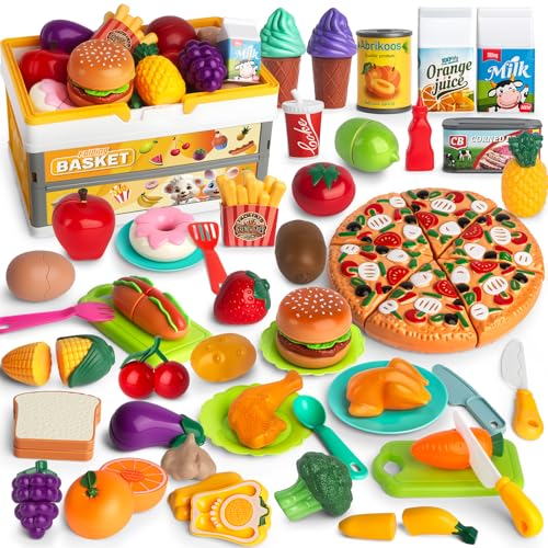 BunnyJOY Acessórios cozinha brinquedos crianças, comida brinquedo cozinha com frutas e legumes brinquedo, utensílios cozinha infantil e cesta de piquenique, jogo de role-playing educativo presente