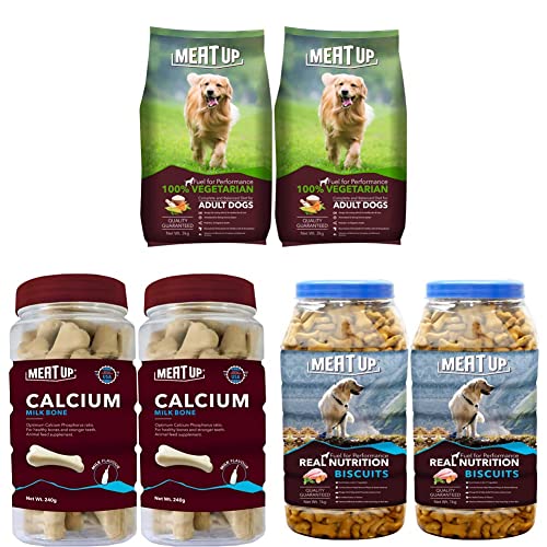 Image of Meat Up 100% Veg Adult Dry Dog Food, 3kg (Buy 1 Get 1 Free) & Chicken Flavour Real Chicken Biscuit, 1kg & Calcium Bone Jar, Dog Supplement Treats - 240 g, 30 Pieces (Buy 1 Get 1 Free)