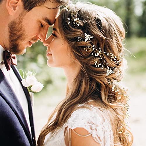 KRELIN Gold Extra Long Brides Handmade Pearl Crystal Headband Headpieces Rhinestone Wedding Decorative Hair Accessories for Women (60Cm) 3 51VoTwHeDmL. SL500