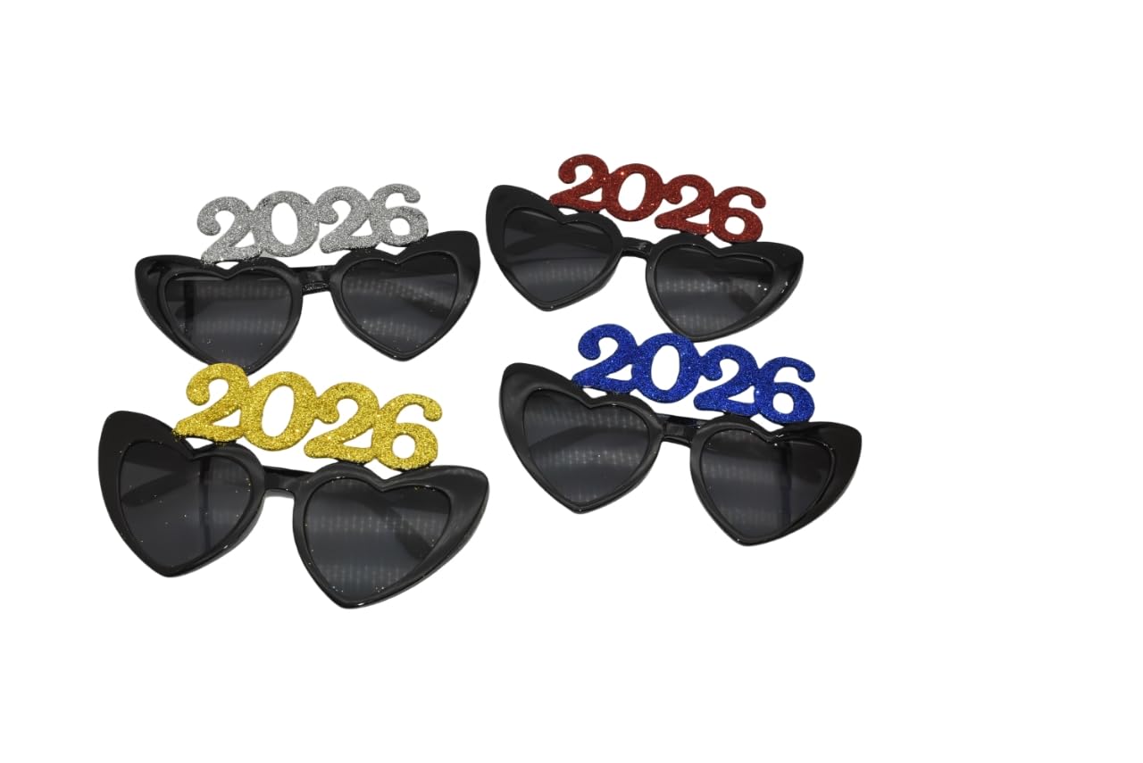CRAWPROP 4PCS Glitter 2026 Plastic Eyeglasses Heart designs Happy New Year's Eve Glasses Party Decorations Graduation 2026 Party Photo Props Supplies