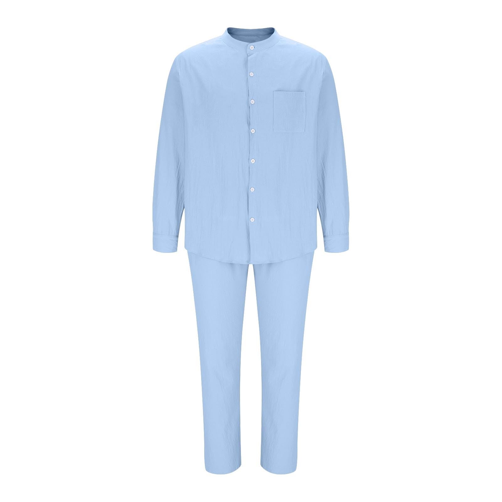 EMATOP Leinen Outfits Herren Sommer Leicht Sportanzug Lässiges Einfarbig Jogginganzug Baumwolle Leinen Tracksuit Casual 2 Teiliges Sommerhemd und Lang Hosen Freizeitanzug Zweiteiler Workout Set