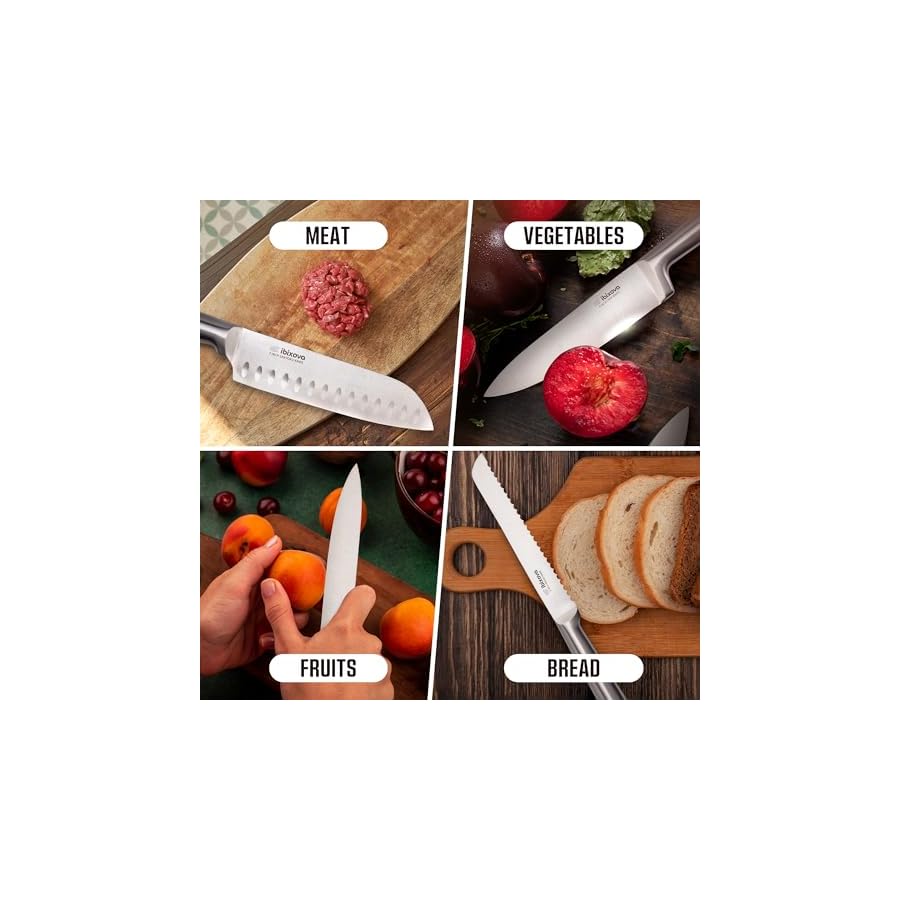 IBIXOVA Professional Kitchen Knife Set, Premium Japanese Stainless Steel 15-PC knives & Built-in Sharpening Block - Easy Sharpener for Cutting Steak - Knife Chef's roll Bag.