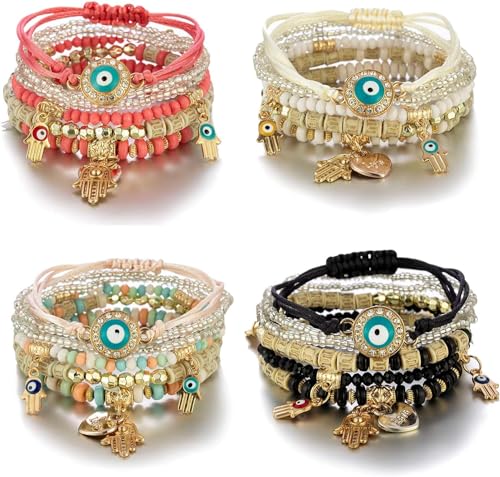 Opiniones de Pulseras para Dama - los más vendidos. 41 COOLKITALENT 4 Juegos de Pulseras de Bohemia Stretch Beads, Multilayer Evil Eye Hamsa Mano Pulsera, Boho Charms Stretch Pulsera Apilable, Hecho a Mano de Cuentas de Cristal...