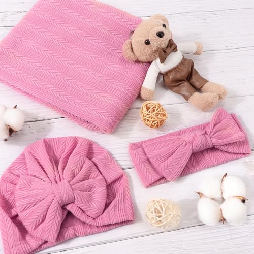 Image of AQOKKA Newborn Receiving Blanket with Bow Hat Headband Wooden Card Set Wheat-Pattern Newborns Toddler Baby Boy Girl Nursery Swaddle Wrap