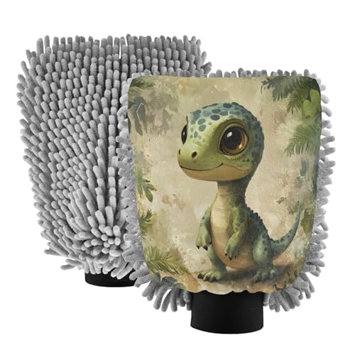 ALAZA Cute Dino Baby Dinosaur Car Wash Mitt Scratch Free, 2 Pack Absorbent Microfiber/Chenille Washing & Drying Mitts, L