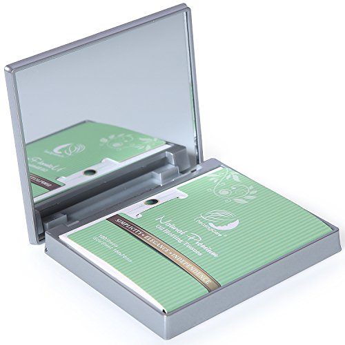 Image of Makeup Mirror with Facial Oil Blotting Paper Sheets - Green Tea 100 Counts, Silver Compact Folding Cosmetic Travel Mirror