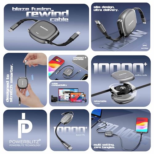 Image of Dubstep Blaze Fusion Rewind 100W Type-C to Type-C Retractable Cable 1M | PowerBlitz | 480 Mbps | Magnetic Connector Storage | 10K+ Cycles | Fast Charging (Grey)