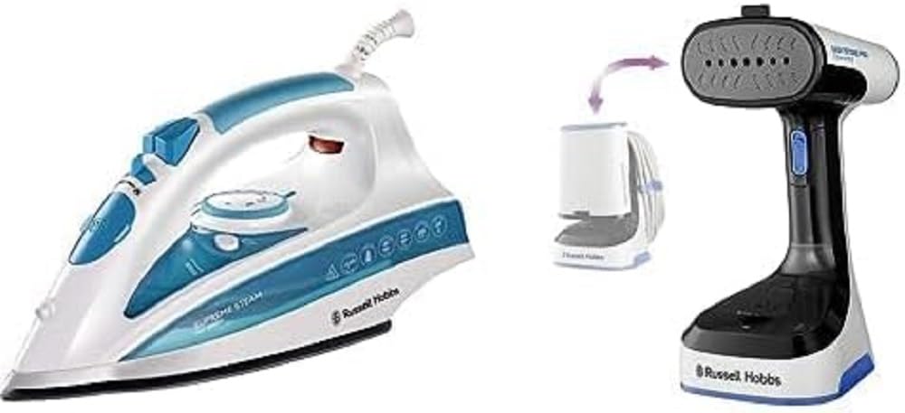 Russell Hobbs parownica do ubrań, składana, moc 1500W, przewód 3m, Easy Store, 26740-56 & Russell Hobbs Żelazko Parowe, 2600W, Zbiornik 0,3L, Ceramiczna stopa, Funkcja samoczyszczenia, 20562-56
