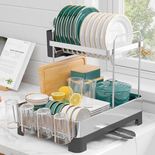 Kitsure Abtropfgestell Geschirr – 2-Tier rostfreies Abtropfgestell mit Besteck- und Tassenhaltern, platzsparendes Geschirrabtropfgestell für Küchenarbeitsplatten, 38,6 x 32,0 x 44,5 cm, Grau