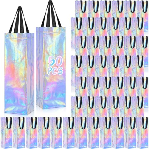 Windyun 50 Pcs Wine Gift Bags with Handle Reusable Small 13.8x3.5x3.9 Inches Liquor Bottle Totes Bulk for Birthday Wedding Christmas Holiday Party (Iridescent)