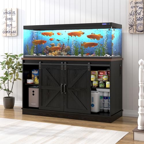 Image of Hlivelood Farmhouse 55-75 Gallon Fish Tank Stand with Power Outlet, Aquarium Stand w /Cabinet&Sliding Barn Door, Heavy Duty Reptile Tank Stand for Fish /Turtle /Reptile Terrarium, 1000LB Capacity, Black