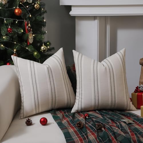 Image of Hckot Spring Decorative Pillow Covers 18x18 Striped Throw Pillows Textured Linen Green Pillow Covers Farmhouse Decor Cushion Covers for Couch Bed Living Room,Sage Green