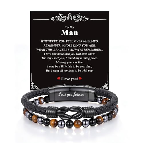 Fathers Day Cuff Gifts for Men Triple Protection Healing Infinity Bracelets Lettering Love You Forever Always Linked Together & Guard Your Lover Hematite Black Obsidian Tiger Eye Gemstone Rosary Bracelet