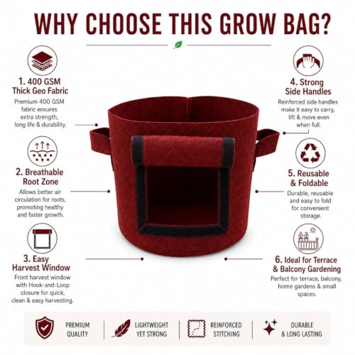 Image of Casa De Amor 15x12 Inch Potato Grow Bags for Root Vegetables, Geo Fabric 400 GSM Plant Bag (Maroon Color, Pack of 2)