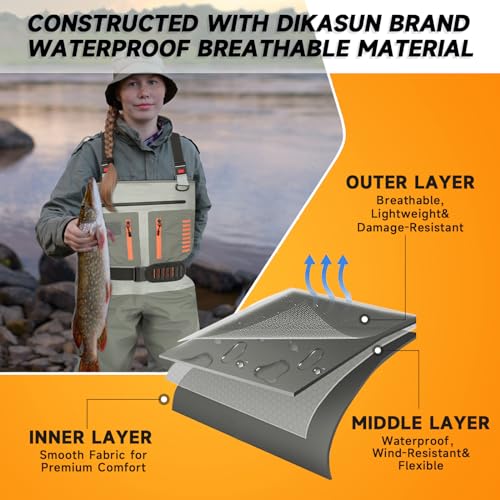 DikaSun Stocking Foot Waders for Men Women, Waterproof Fly Fishing Chest Waders, Breathable Lightweight Stockingfoot Waders for Hunting - Thumbnail 5