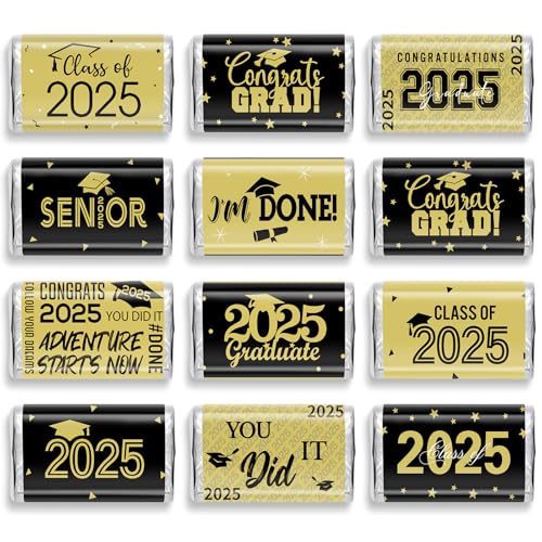 100Pcs Graduation Decorations Class of 2025 Candy Bar Wrappers,Black and Gold Congrats Grad Mini Candy Stickers Chocolate Bar Labels for College High School Graduation Party Favors,Candy Not Included