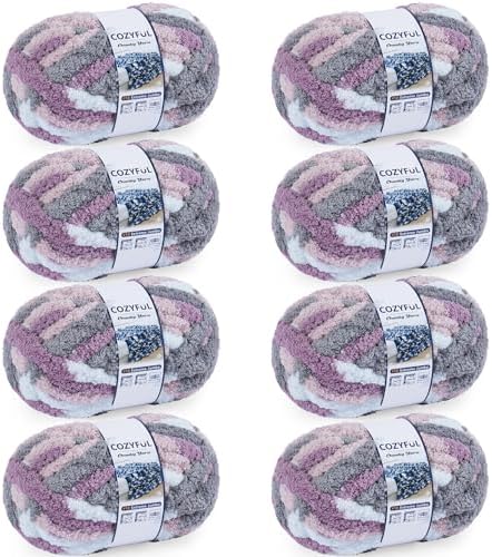 Cozyful Chunky Yarn for Hand Knitting - #10 Chunky Chenille Blanket Yarn, Jumbo Big Thick Chunky Yarns for Crocheting, Tie Dye Bulky Knit Yarns, 8 Skein (25 yds 8 oz Each Skein), Purple & Grey & Sky