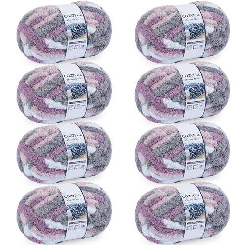Image of Cozyful Chunky Yarn for Hand Knitting - #10 Chunky Chenille Blanket Yarn, Jumbo Big Thick Chunky Yarns for Crocheting, Tie Dye Bulky Knit Yarns, 8 Skein (20 yds 8 oz Each Skein), Purple & Grey & Sky