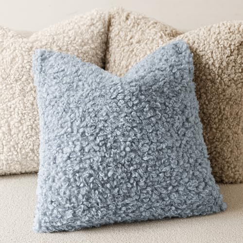 Image of Foindtower Set of 2 Curly Teddy Wool Pillow Covers Decorative Boucle Textured Lumbar Throw Pillow Faux Fur Sherpa Pillowcases Sheepskin Fuzzy Cushion Case for Sofa Bedroom Car 12 inchx20 inch Misty Blue