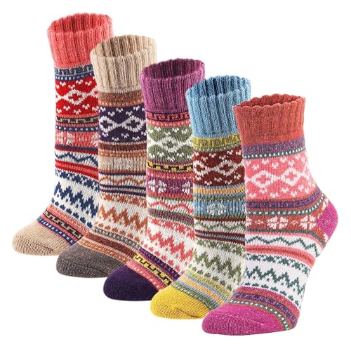 Image of Women Winter Socks 5 Packs Wool Socks Gifts for Mom Warm Vintage Soft Christmas Socks Thick Cold Knit Crew Socks