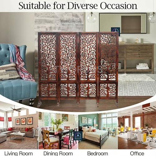 Image of Wooden Room Partition /Screen /Room Divider /Room Separator Traditional Handicrafts 6Ft (Dark Brown) (Tree 4 Panel with Stands)
