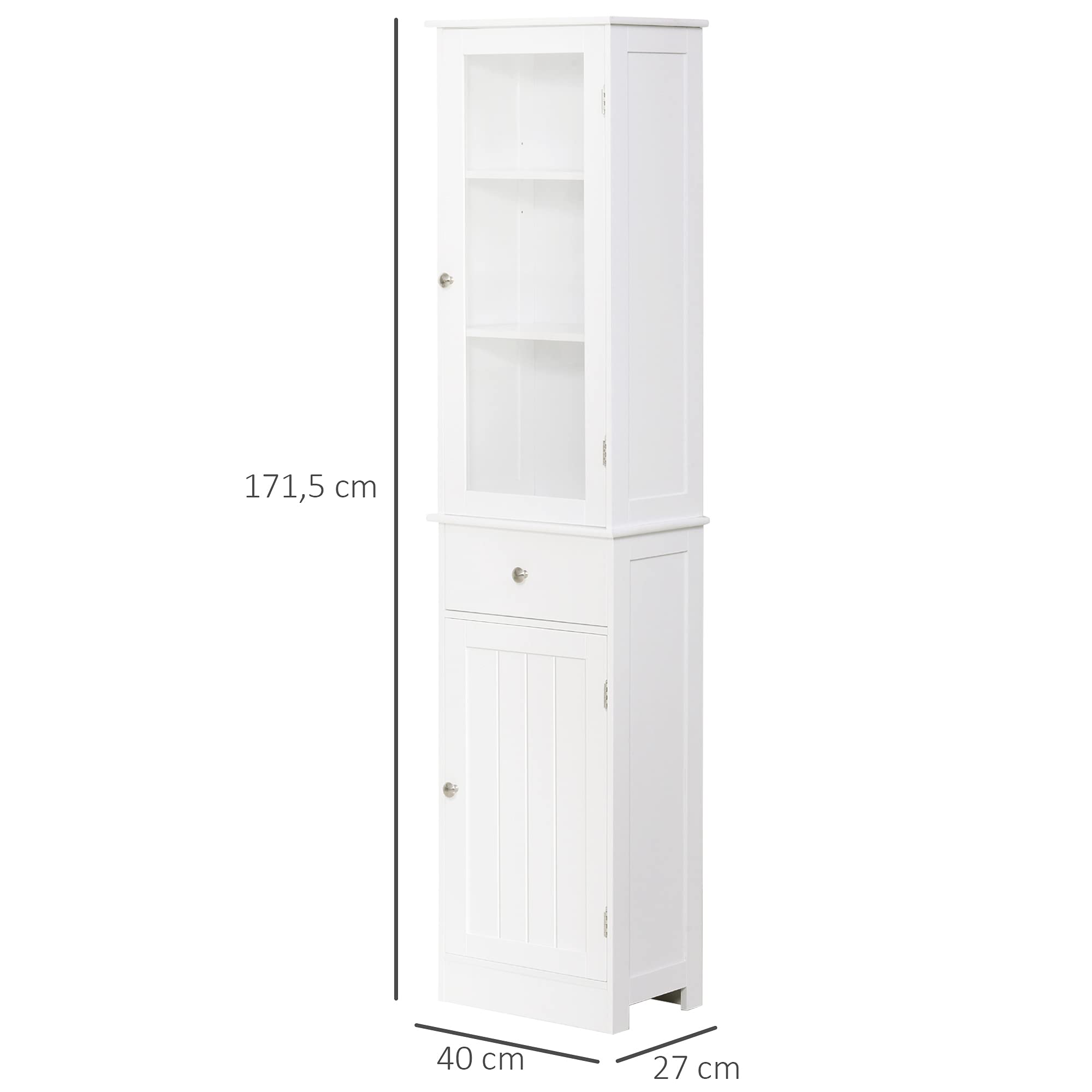 kleankin Armario de Baño Alto Delgado con Cajón 40x27x171,5 cm Blanco | Armario de Almacenaje Delgado, Estantes Ajustables, para Espacios Pequeños, Moderno