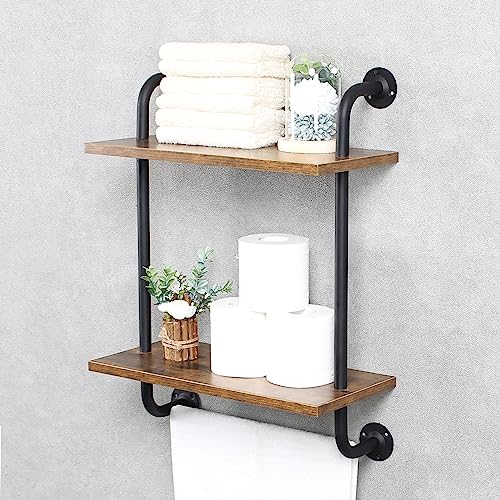 Industrial Pipe Bathroom Shelves 2 Tier Wall Mounted Rustic Shelf with Bath Towel Bars Farmhouse Rack Floating Shelves Over The Toilet Storage ShelfBlack
