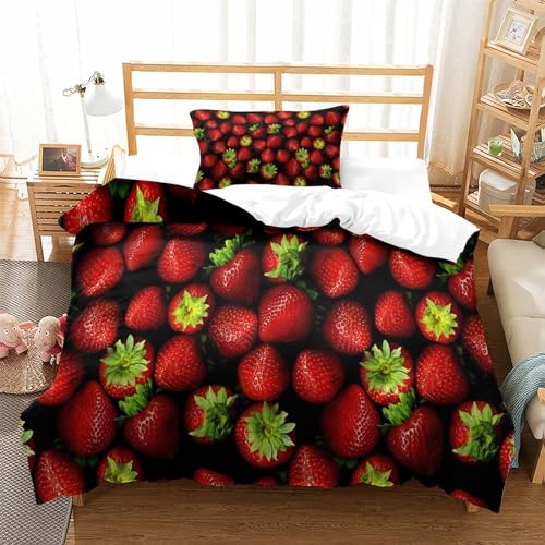 Parure housse de couette fraise rouge imprimé 3D microfibre premium