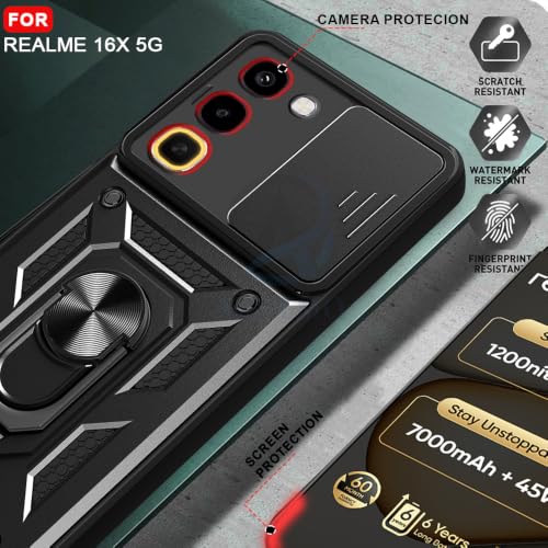 Image of AESTMO Tough Armor Realme 16X 5G Bumper Back Case Cover | Ring Holder & Sliding Camera Shield Cover | 360 Degree Protection Back Case Cover for Realme 16X 5G (Black)