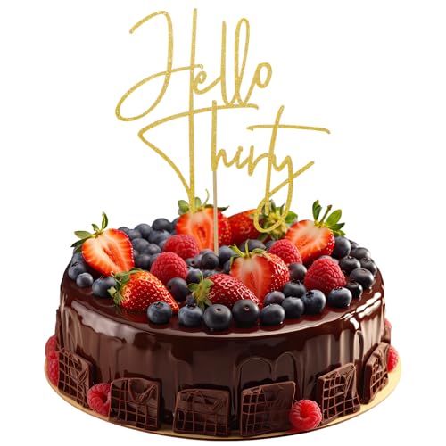 Décoration de gâteau amusante « Hello Thirty » à paillettes dorées pour 30e anniversaire, 30e anniversaire, décorations de fête pour hommes et femmes