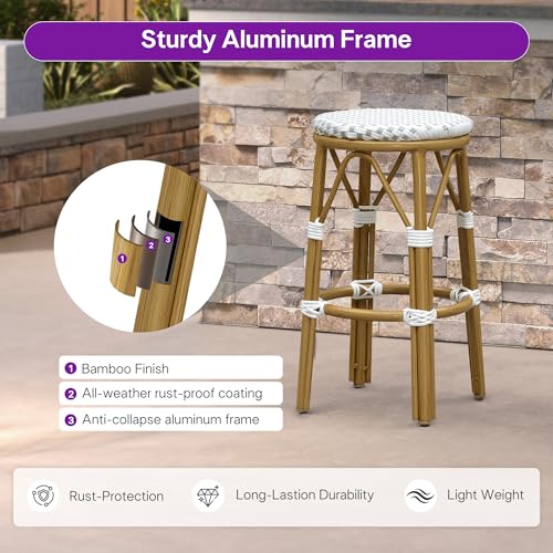 Image of PURPLE LEAF Patio Round Counter Height Stool Set of 2 Outdoor Backless Barstools Aluminum Frame in Bamboo Finish with White & Gray Woven Rattan for Indoor Kitchen Dining Bistros Cafe Restaurant