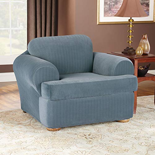 Surefit Stretch Pinstripe T-Cushion Chair Two Piece Slipcover, Form Fit, Polyester/Spandex, Machine Washable, French Blue Color #TOP1