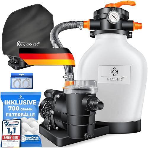 KESSER® Filtro de arena + bolas de filtro de 700 g para reemplazar 25 kg de arena de filtro de 7 vías, válvula con indicador de presión, filtro de piscina de 10 m/h, sistema de filtro para piscina de