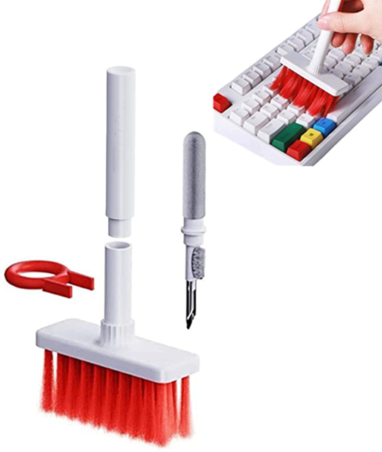 JANGOU5 in 1 Keyboard Cleaning Brush Kit Soft Brush,Cleaning Kit Compatible for Airpods,Keyboard Cleaner Dust Remover Key Puller,Computer Cleaning Tools Multifunctional Pen Compatible (Red)
