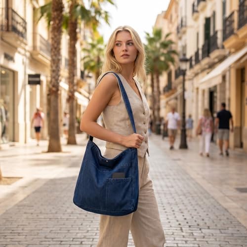 Image of Denim Shoulder Bag - Women's Retro Large Canvas Crossbody Tote Bag, Casual Style Lightweight