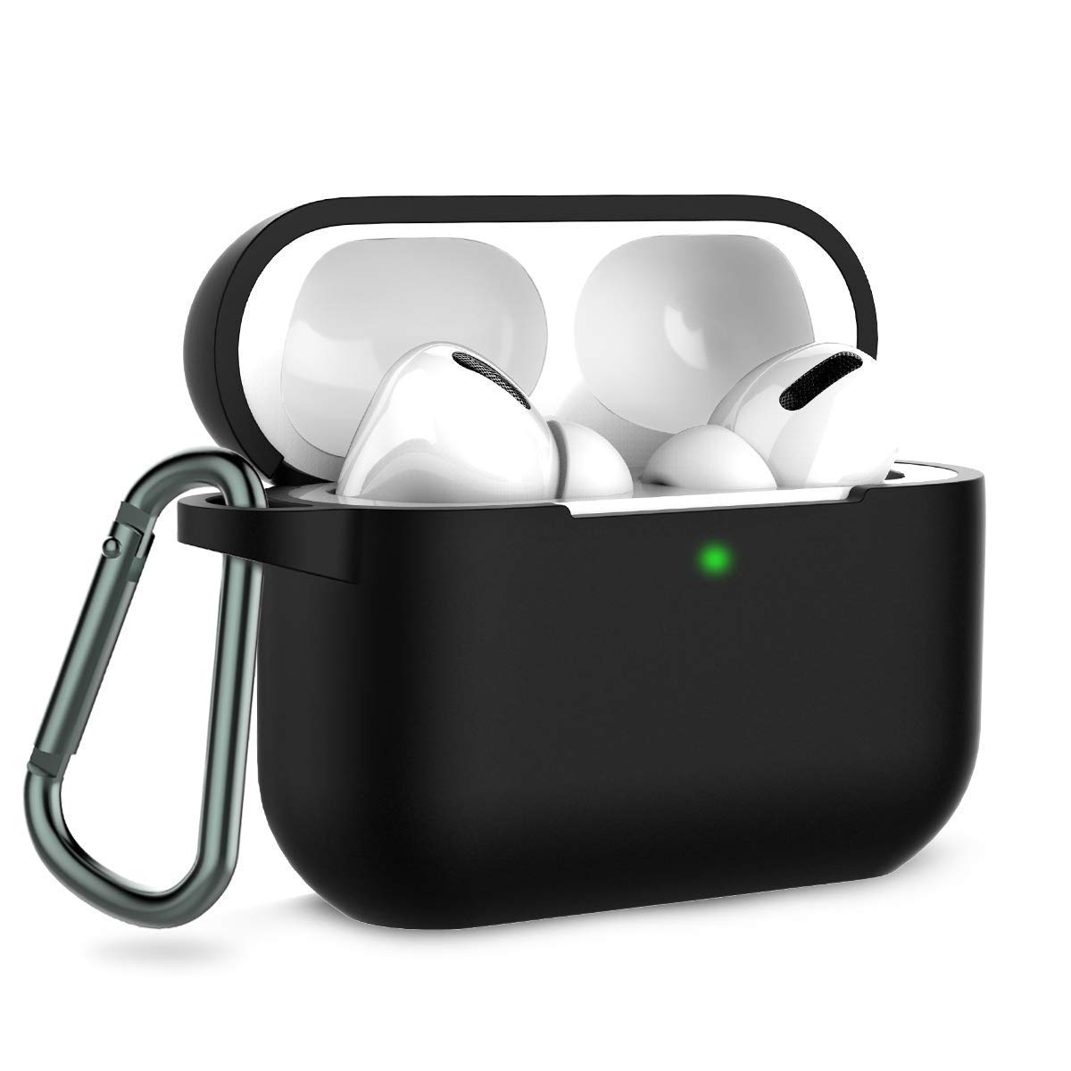 UnknownBrand Protective Cover for Airpods Pro Charging Case, Premium Silicon Case 2021 with carabiner [Front LED Visible and charging port protection] (Black)