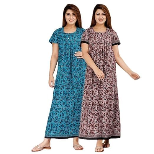 Image of OFEEFAN Cotton Nighty for Women - Pack of 2 Printed Maxi Gowns, Ankle-Length Night Dresses, Soft & Breathable Sleepwear - Free Size