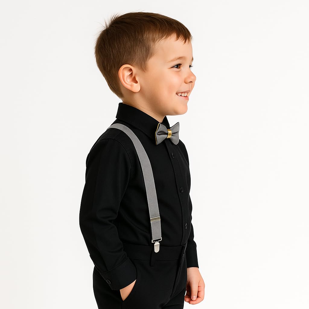 RR DESIGN Kids Black Suspenders and Gold faux -Trim Bow Tie Set, Adjustable Formal Wear Accessories for Special Occasions(1-6 years) (Dark Grey) 1