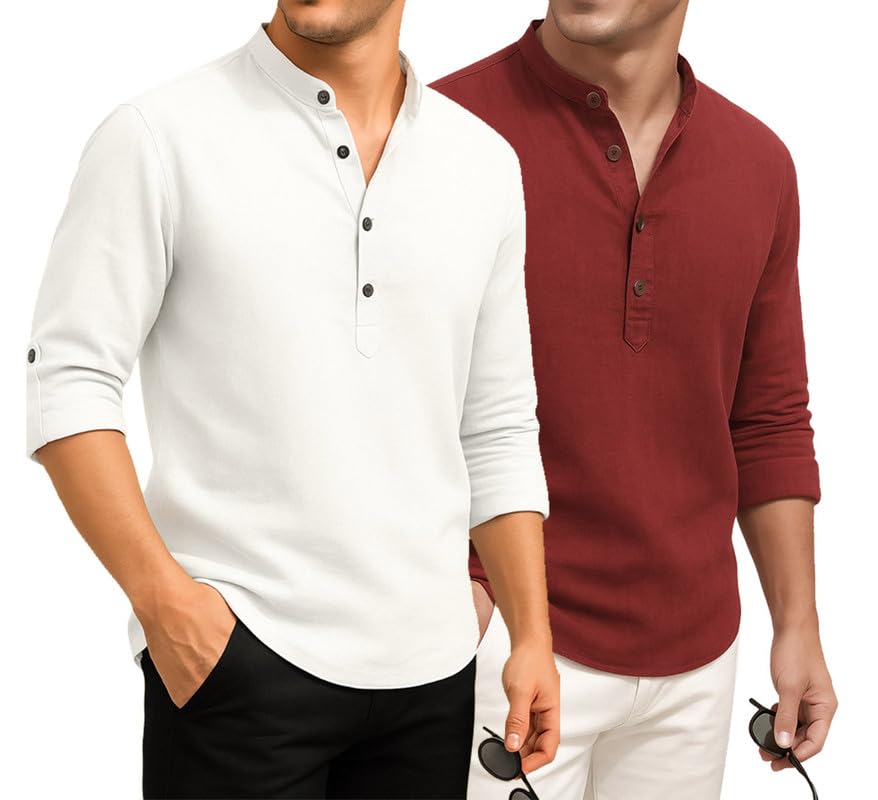 Image of DEELMO Combo of Men's Cotton Blend Solid Regular Fit Full Sleeve Short Kurta | Men's Trendy Short Kurta Pack of 2