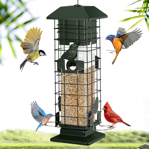 Squirrel Proof Bird Feeder for Outdoors Hanging, Yongblus Metal Wild Bird Feeders, with Weight Activated Perches 4 Ports, 3Lb Capacity Squirrel Proof Bird Feeder for Outside, Cardinal, Finch, Bluebird