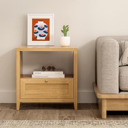 Image of EYYTHUNG Wooden Nightstands with Drawer Modern 24 inch Wide End Table Night Stand Large Farmhouse Bedside Table with Open Shelf Mid Century Night Stands for Sofa, Natural Oak