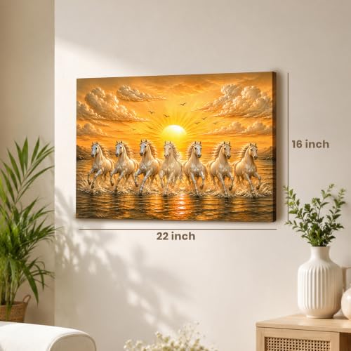 Image of PAINTINGMANTRA 7 White Running Horses Canvas Wall Art Painting For Living Room|Seven Running Horses Vastu Stretched Canvas Painting For Bed Room, Home & Office, 16x22 Inch