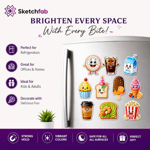 Image of Sketchfab Set of 10 Cute Food Fridge Magnets | Premium 3mm MDF with Invisible Strong Magnet | UV Coated High Gloss Finish | Decorative Kitchen Magnets for Fridge, Whiteboard, Locker, Office & Gift