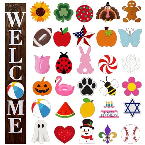Yalikop Interchangeable Welcome Sign for Front Porch 47 x 7.9 Inch Wooden Porch Sign with 30 Interchangeable Designed Patterns Modern Outdoor Decor for Summer Home Indoor(Wood Color)
