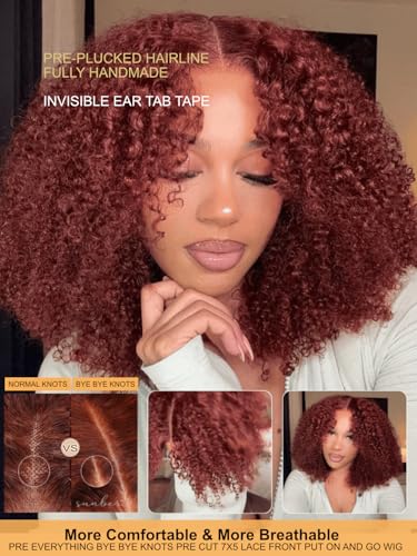 Image of Sunber Reddish Brown Afro Kinky Curly Human Hair Wig Pre Everyting 16inch | 7X5 HD Wigs With Drawstring Bye Bye Knots Pre Cut Lace 200% Density Put On Go Pre Plucked Pre Bleached Invisible Knots 16Inch
