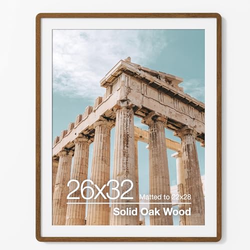 FLYJOE 26x32 Poster Frame | Solid Oak Wood 26x32 Picture Frame | 26 x 32 Picture Frame With Mat For 22x28 | Tempered Glass And Hanging Hardware Included | 26 by 32 Photo Frame Walnut 1 Pack