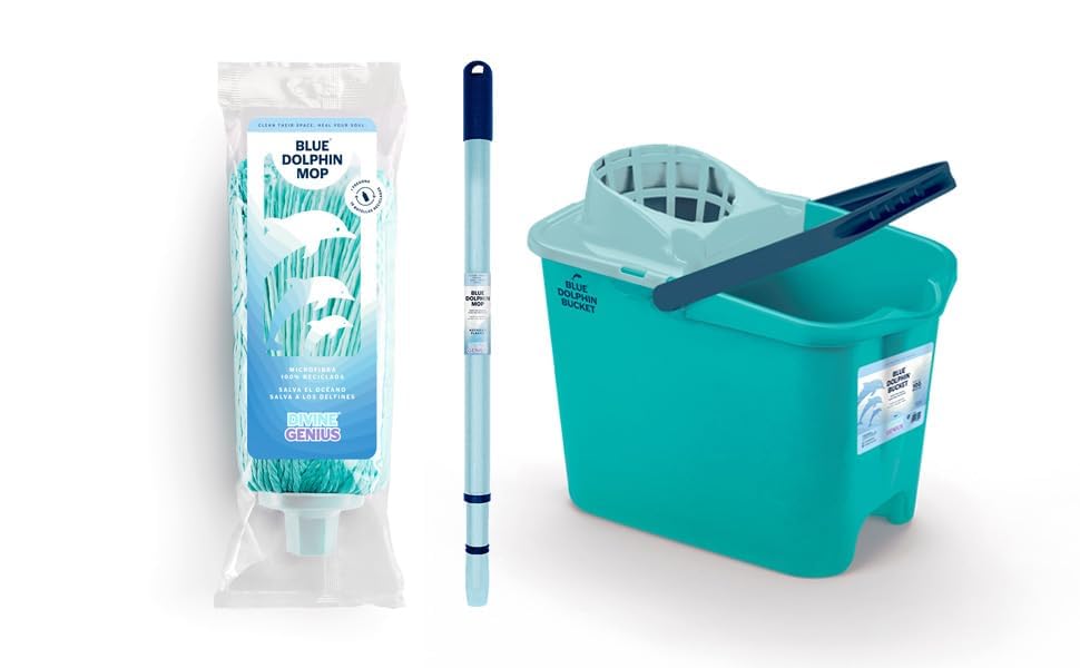 Blue Dolphin - Fregona con Palo Plegable y Cubo con Ruedas de 14L y Ruedas Giratorias Set de Limpieza Sostenible con Microfibra Reciclada Ideal para Hogar y Suelos