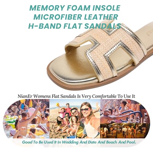 Image of NianEr Womens Microfiber Leather Memory Foam H Sandals Summer Shoes Slides | Flat, Comfortable, Slip On, Dressy, Dress, Beach, Vacation, Designer, Comfy, Casual, Bridal, Church, Boho, Office, Work