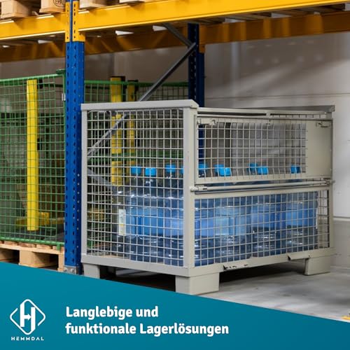 HEMMDAL Euro-Gitterbox mit halb abklappbarer Längswand | 1.500 kg Tragkraft | HxBxT 97 x 124 x 83,5 cm | Grau | 5 x 5 cm Maschenweite | aus Stahl | stapelbar| Gitterbehälter