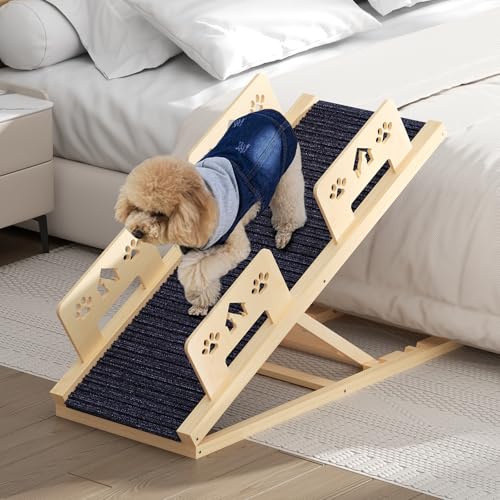 Rampa para perros, cama de 100 cm de largo con barandilla de seguridad, altura ajustable, escalera portátil para perros de madera con rampa antideslizante para cama, sofá, coche, viajes, pequeños